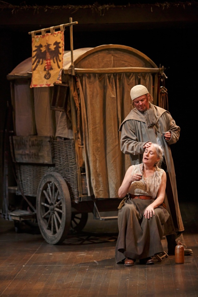 Seana McKenna as Mother Courage and Geraint Wyn Davies as Cook in Mother Courage and Her Children. Photo by David Hou.